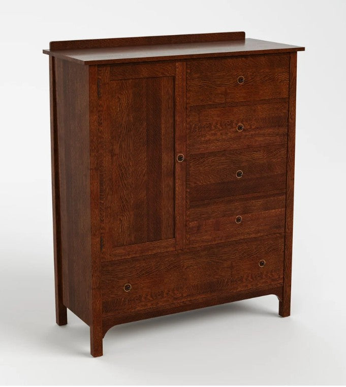 A dark brown wooden chest of drawers with a cabinet door on the left and four drawers on the right, each with a small round metal pull, photographed on a light gray studio background.