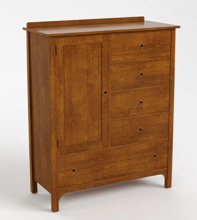 A mid-century modern wooden chest of drawers with a warm medium-brown finish, featuring a cabinet door on the left and four drawers on the right, each with small round metal pulls.