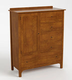 A mid-century modern wooden chest of drawers with a warm medium-brown finish, featuring a cabinet door on the left and four drawers on the right, each with small round metal pulls.