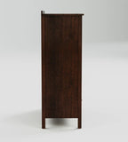A tall, narrow dark brown wooden cabinet or armoire shown from the side against a light gray studio background.