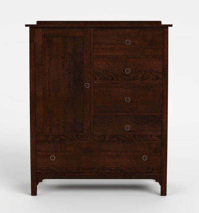 A dark brown wooden chest of drawers with a single paneled door on the left and five drawers on the right, each with a small round metal pull handle, shown against a plain light gray background.