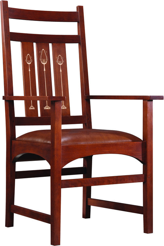 Wooden chair with a brown leather seat on a white background