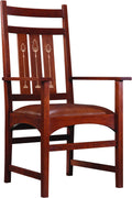 Wooden chair with a brown leather seat on a white background