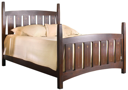 Harvey Ellis Wooden bed with a dark finish and white bedding on a white background. Complete bed size. 