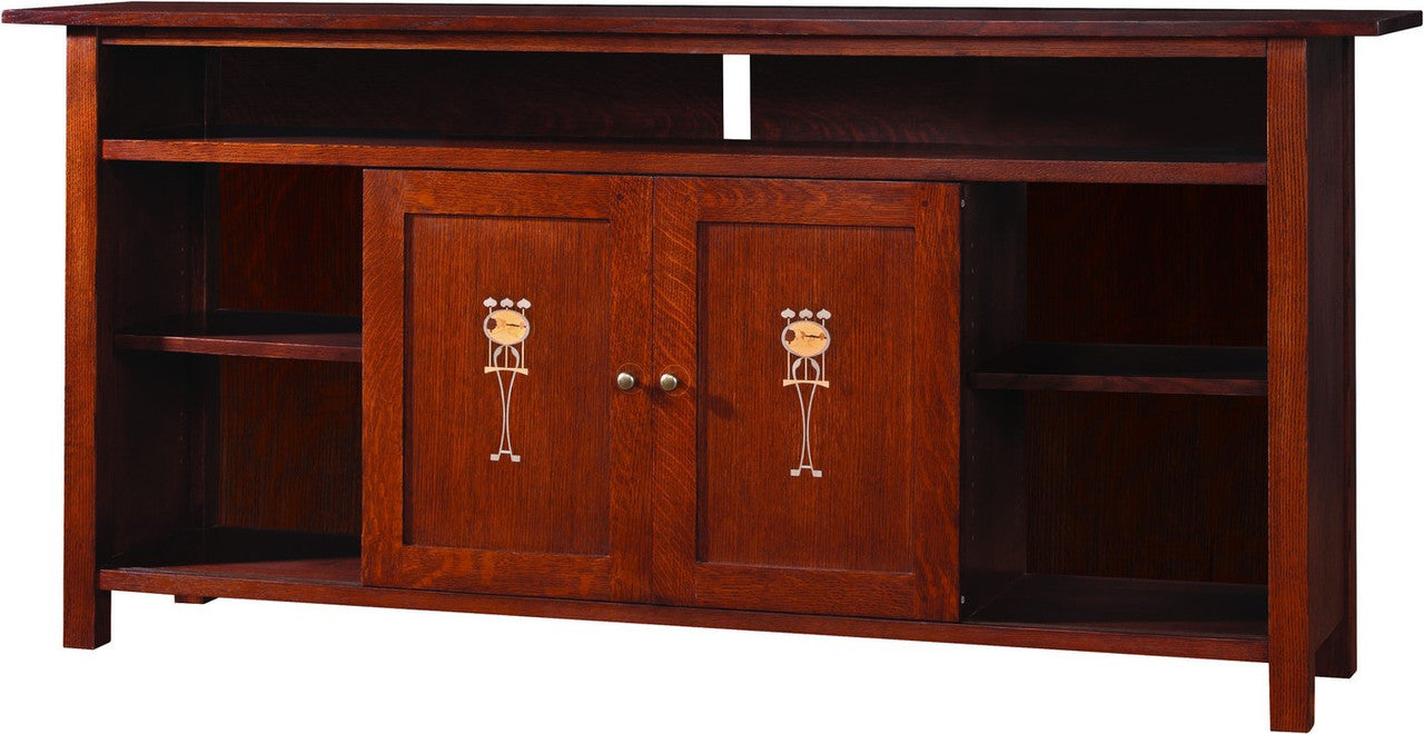 Stickley Harvey Ellis Entertainment Console with two doors and shelves on a white background. 