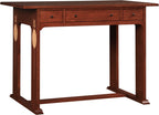Wooden desk with three drawers on a white background