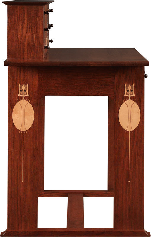 Wooden cabinet with decorative elements on a white background
