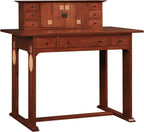 Wooden desk with multiple drawers on a white background