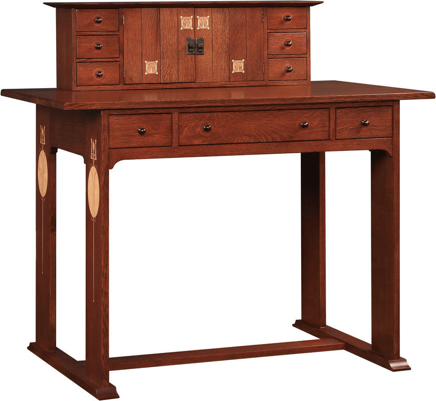 Wooden desk with multiple drawers on a white background