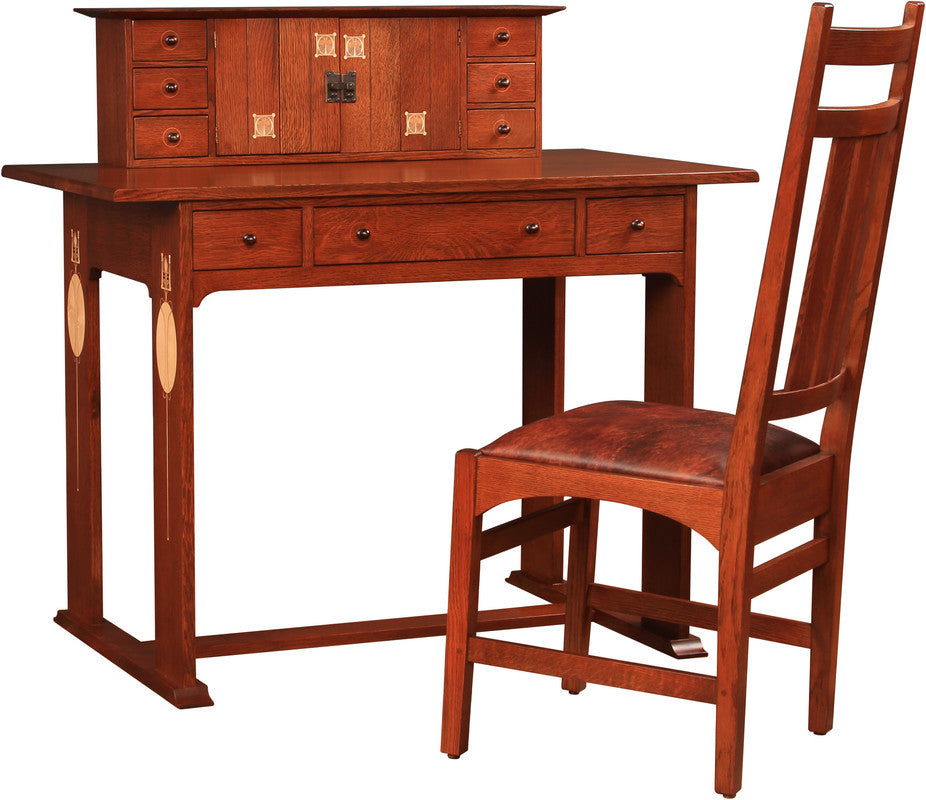 Wooden desk with multiple drawers and a matching chair on a white background