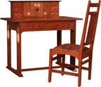 Wooden desk with multiple drawers and a matching chair on a white background