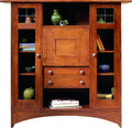 Wooden cabinet with glass doors and shelves on a white background