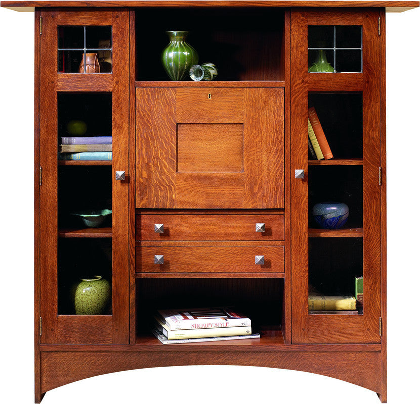 Wooden cabinet with glass doors and shelves on a white background