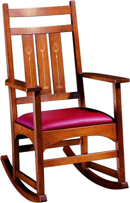 Stickley Harvey Ellis Wooden rocking chair with a red cushion.
