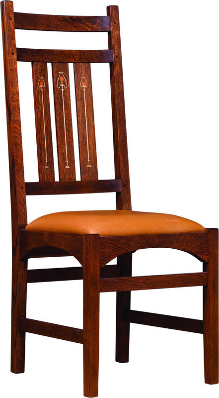 Harvey Ellis Side chair with an orange cushion. 