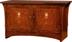 Wooden cabinet with two doors on a white background. Stickley Harvey Ellis TV Console. 