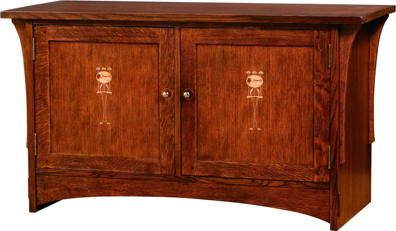 Wooden cabinet with two doors on a white background. Stickley Harvey Ellis TV Console. 