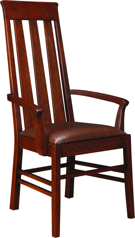 Wooden chair with brown leather seat. The highlands arm chair. 