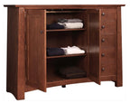 Wooden wardrobe with open doors revealing folded clothes on a white background