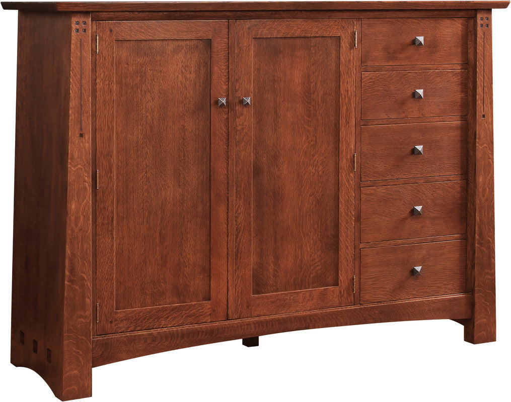 Wooden cabinet with two doors and four drawers on a white background