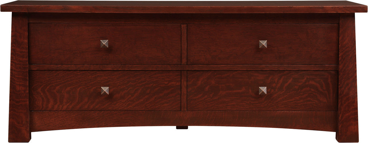 Wooden dresser with four drawers and metal knobs: Highlands Chest. 