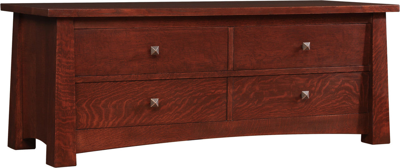 Wooden dresser with four drawers and metal knobs: Highlands Chest. 