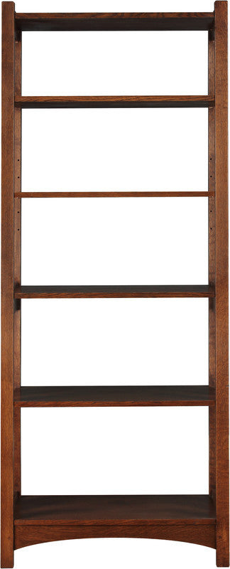 Wooden bookshelf with five shelves on a white background