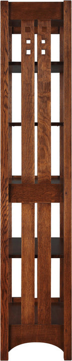 Wooden bookcase with a slatted design on a white background