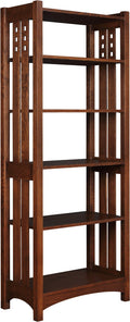 Wooden bookshelf with multiple shelves on a white background