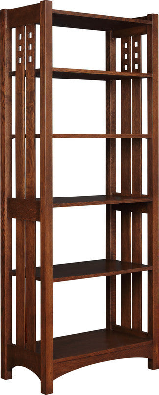 Wooden bookshelf with multiple shelves on a white background