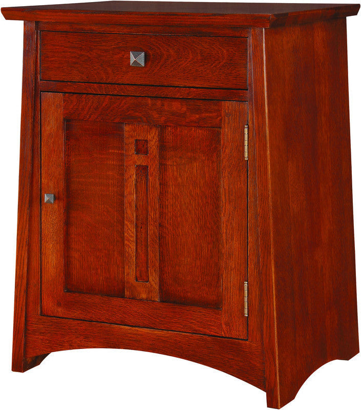 Wooden cabinet with a single drawer and a door: Highlands Door Nightstand. 
