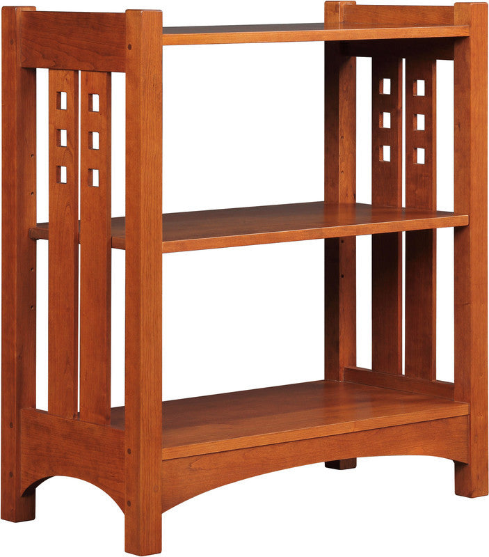 Highlands Low wooden bookshelf with geometric design by Stickley. 