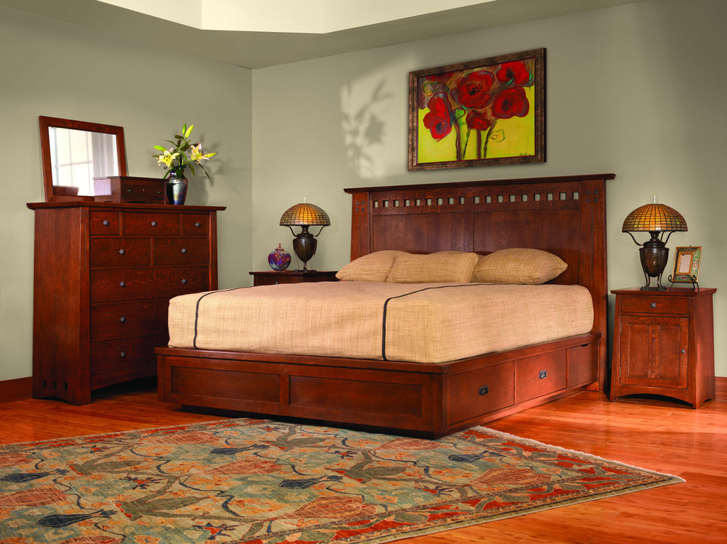 Highlands bedroom set with bed, dresser, and nightstands in a room with a floral rug.