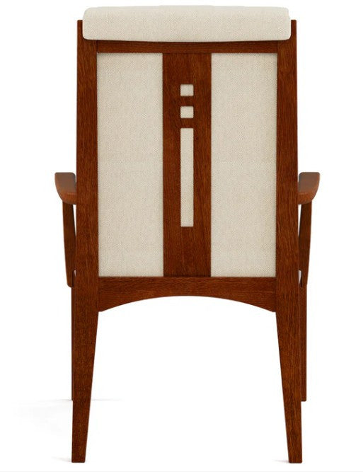 Wooden chair with a white cushion on a white background. View from the back. 