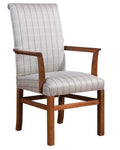 Chair with wooden frame and striped fabric seat and backrest.