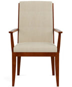 Wooden armchair with beige cushioned seat and backrest on a white background