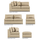 A collage showing five beige upholstered furniture pieces labeled Holland LF/RF Loveseat, Holland Armless Loveseat, Holland Armless Chair, Holland Square Corner, and Holland Ottoman on a white background.