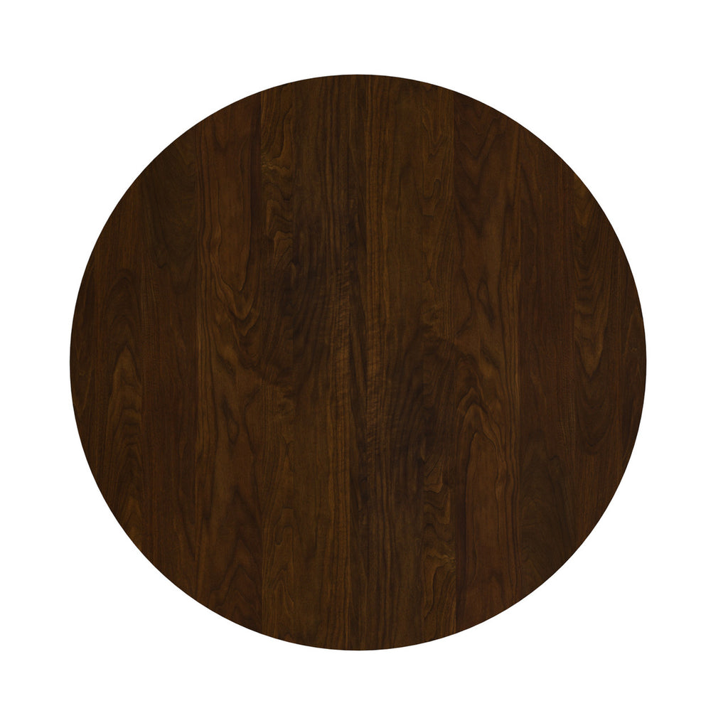 Round wooden surface with a dark brown finish on a white background