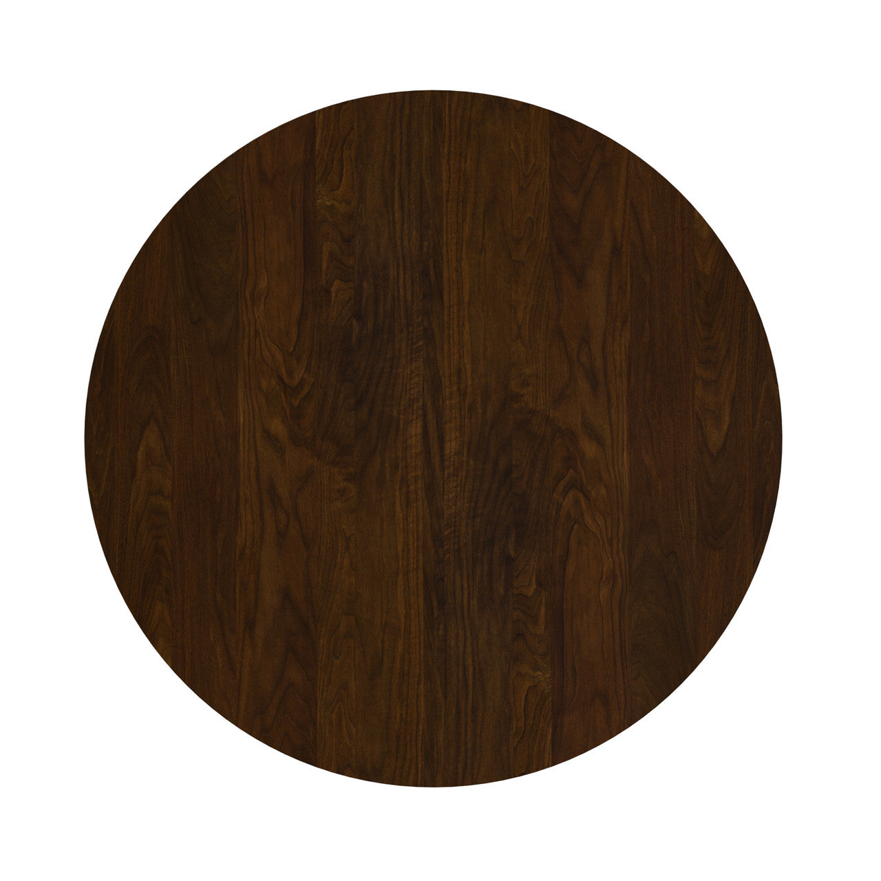 Round wooden surface with a dark brown finish on a white background