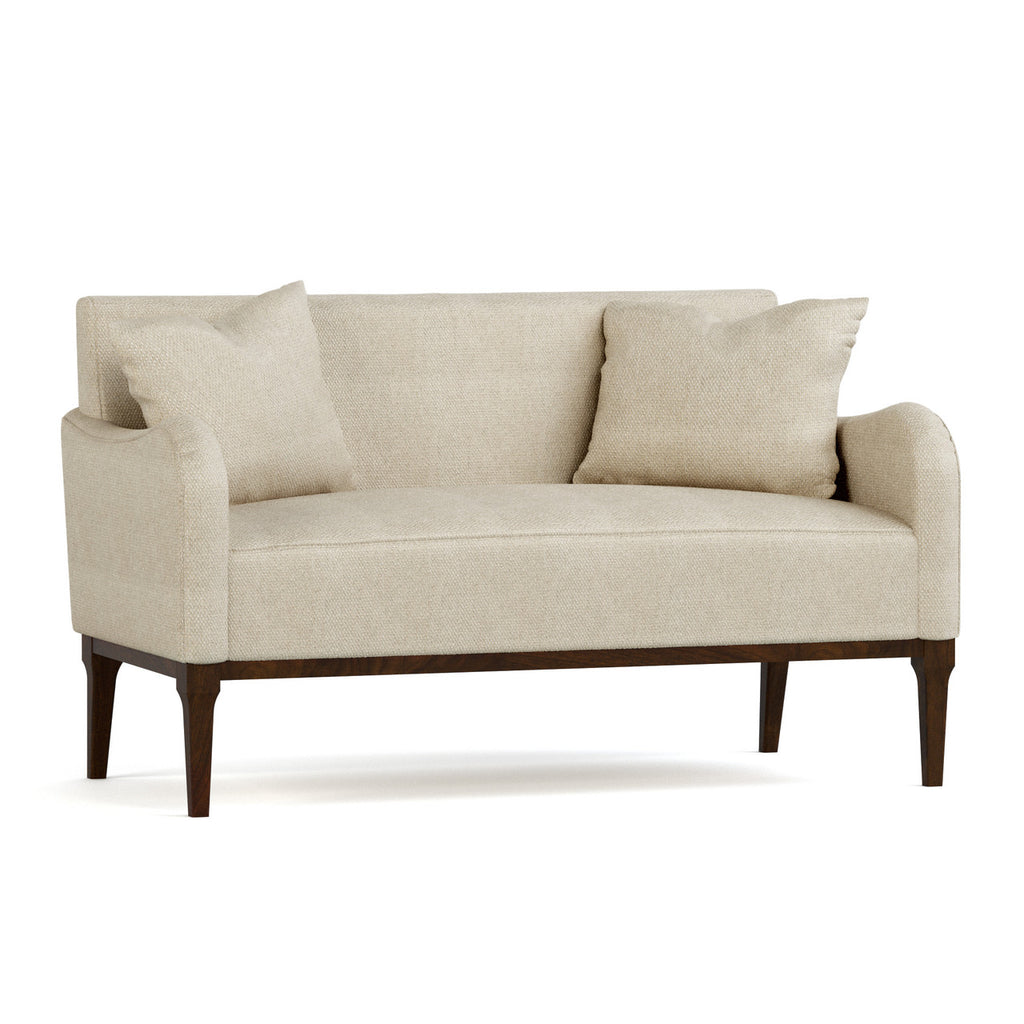 Beige sofa with wooden legs on a white background