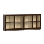 Wooden display cabinet with glass doors on a white background