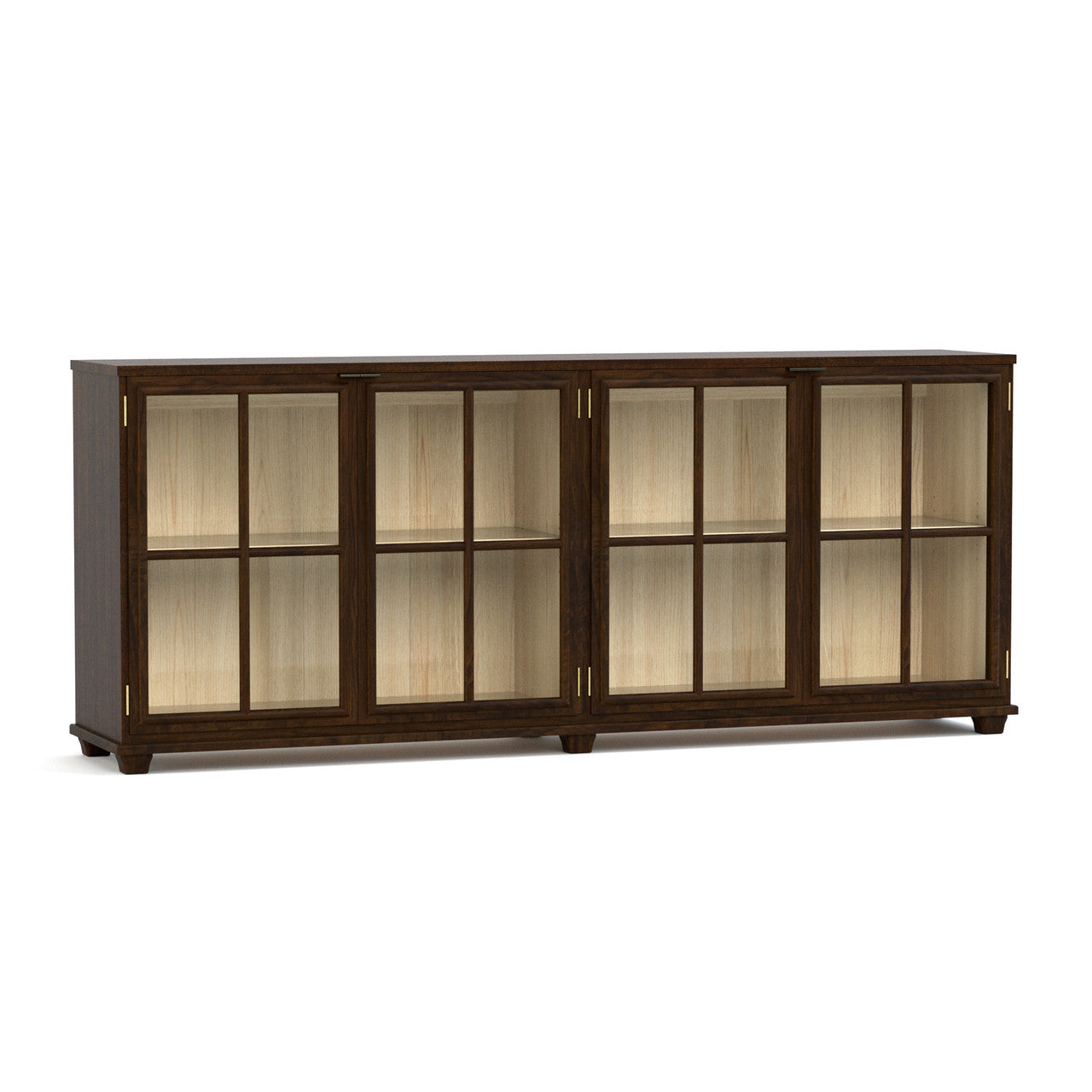 Wooden display cabinet with glass doors on a white background