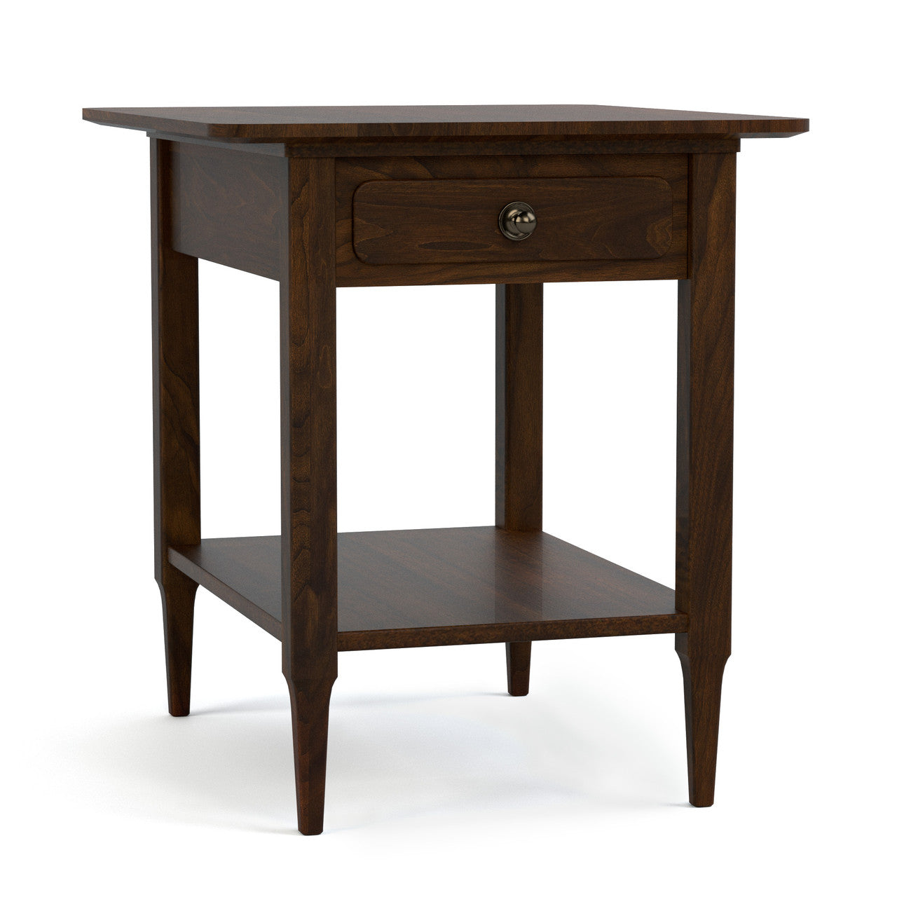 Wooden side table with a drawer on a white background