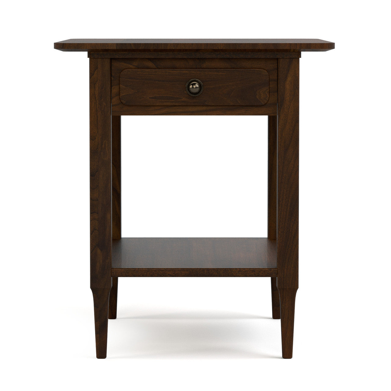 Wooden side table with a drawer on a white background