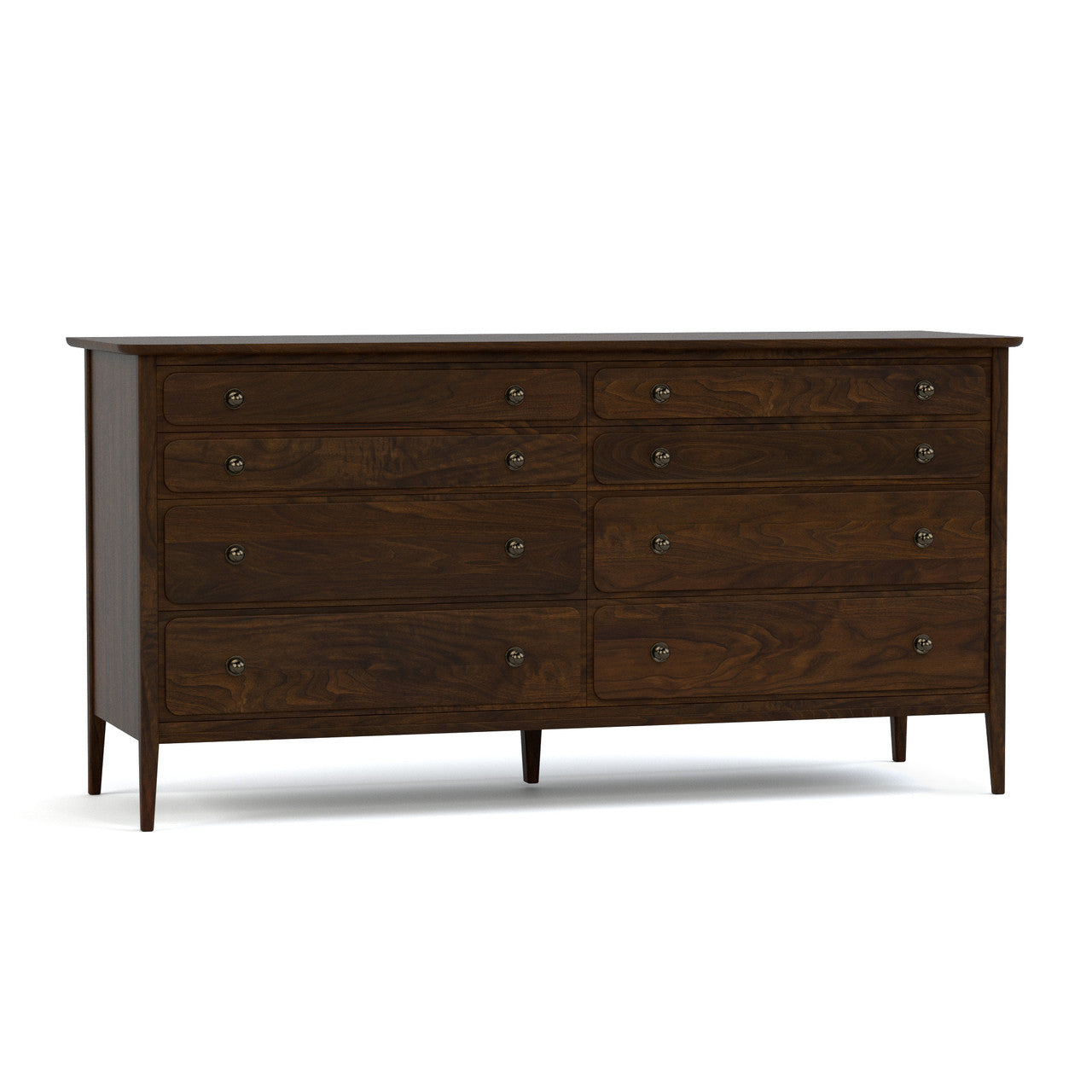 Dark wood dresser with multiple drawers on a white background