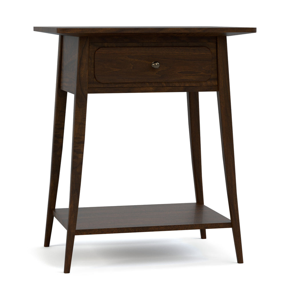 Wooden side table with a drawer and shelf on a white background