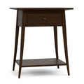 Wooden side table with a drawer and shelf on a white background