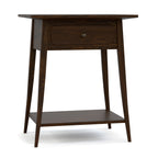 Wooden side table with a drawer and shelf on a white background