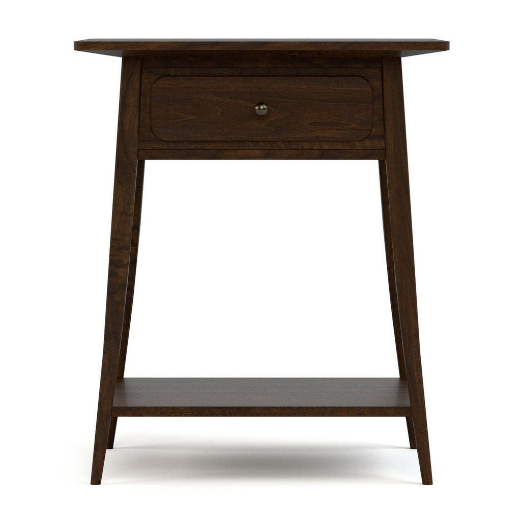 Wooden side table with a drawer on a white background