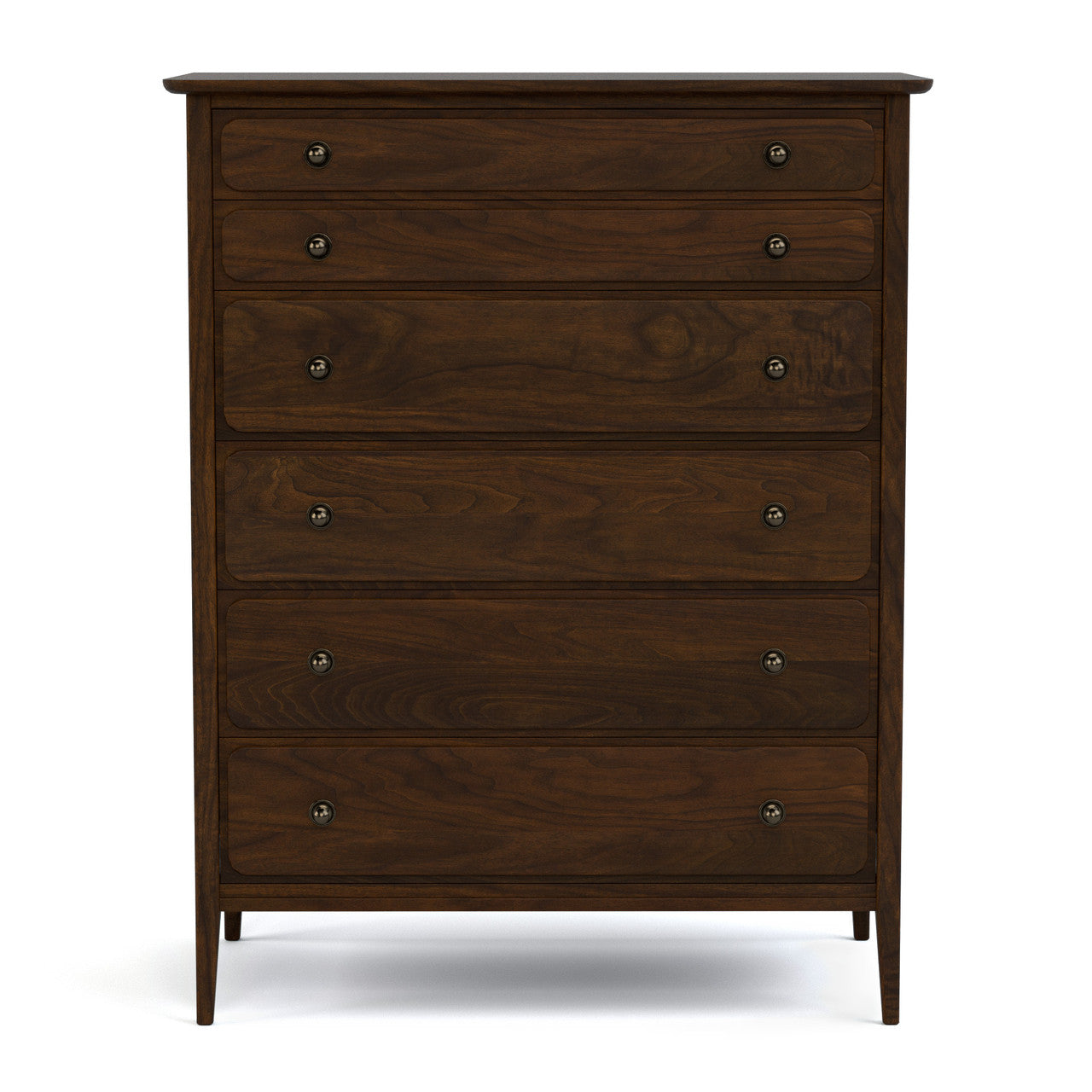 Wooden dresser with five drawers on a white background